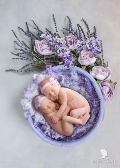 newborn-gemelle-cesta-viola-fiori-lavanda-agrigento.webp